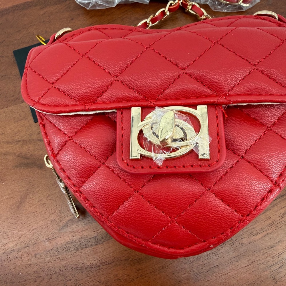 Bebe Solana Quilted Heart Crossbody Bag Womens Red Gold Chain Logo Charm NWT